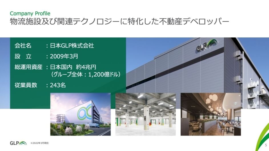 日本GLPの会社案内が記載されたスライド